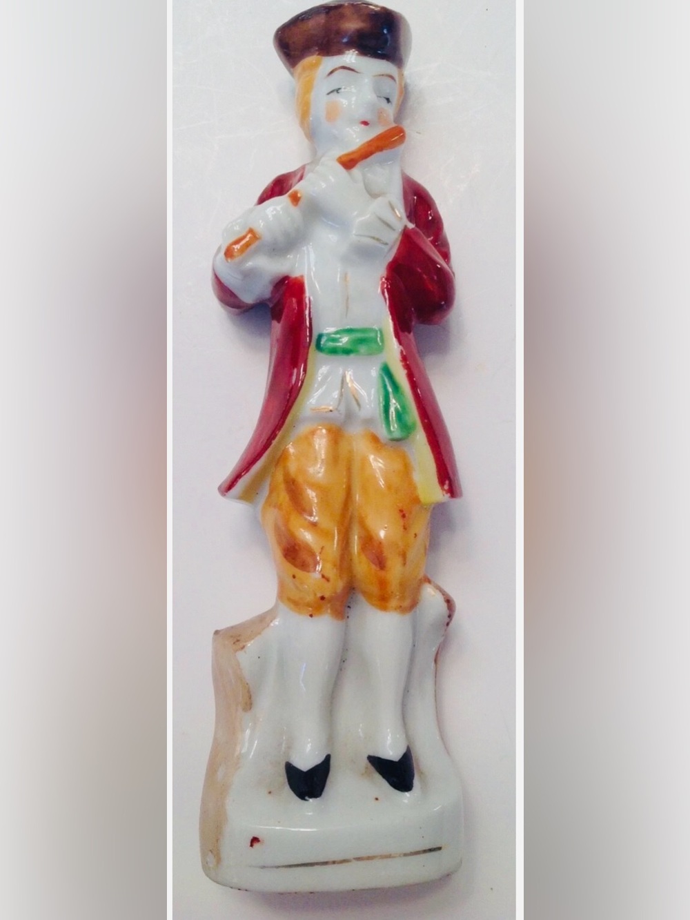 Occupied Japan Porcelain Figurine Man Playing Flute Revolutionary Tri Corn Hat